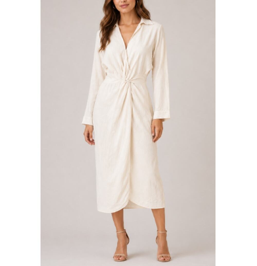 New By ANTHROPOLOGIE Women's Cream V-Neck Knot Front Midi Dress Size 2